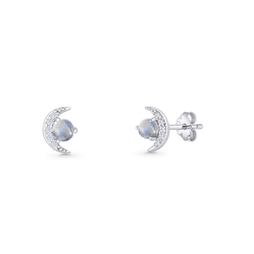 Moon Stud Earring 7mm Round Moonstone & Clear CZ 925 Sterling Silver Wholesale